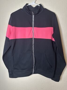 EUC Under Armour Track Jacket Womens LG Black Neon Pink Full Zip Semi Fitted